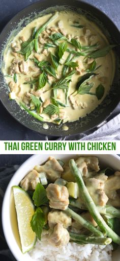 two pictures showing different types of food in the same pan and one with green curry on top