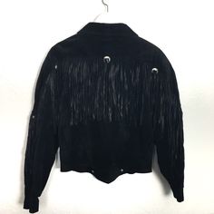 Black Fringe Suede Leather Boho Bohemian Western Bomber Jacket Excellent Condition - No Rips, Holes, Tears Or Stains Rare Piece Price Is Firm;) Ty!! 80's Vintage With Shoulder Pads Details Include Western Fringe Throughout With Silver Western "Jewelry" Detail Light-Medium Weight Lower Snap Double Front Closure Tapered In Wrist And Waist Measurements: Underarm-Underarm: 25” Sleeve: 23” Length: 21” Waist Side-Side Buttoned: 17.5” Black Leather Jacket With Long Sleeves For Festivals, Black Long Sleeve Leather Jacket For Festival, Biker Style Long Sleeve Outerwear For Festivals, Black Western Leather Jacket For Winter, Western Style Black Leather Jacket For Winter, Rock Style Biker Jacket For Fall Festival, Fall Festival Biker Jacket, Black Biker Outerwear For Festivals, Black Leather Jacket For Fall Festival