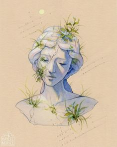 a drawing of a woman's head with plants growing out of the top of it