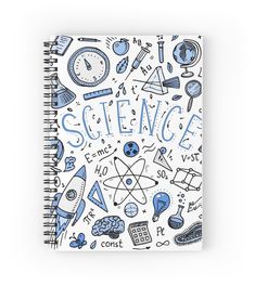 a spiral notebook with the words science written in blue and white surrounded by doodles