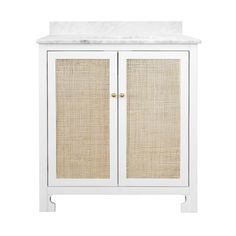 a white cabinet with two doors and a marble top on the bottom, against a white background