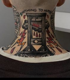 Guillotine Tattoo Traditional, Guillotine Art, Traditional Tattoo Neck, Traditional Chest Tattoo, Traditional Chest, Evil Skull, Traditional Tattoo Old School, Minimalist Tattoo Ideas, Future Aesthetic