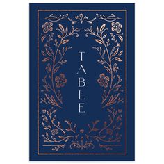 a blue and gold table card with the word table printed on it's front