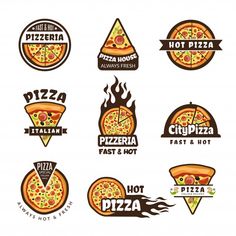 set of logos for pizza restaurant, fast food and hot sauces on white background