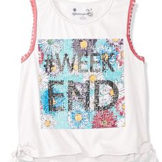 Dreamstar Little Girls "Weekend" Floral Sequin Applique Sleeveless Graphic Tank Top T-Shirt With Side Ties At Hem And Crochet Ball Pom Pom Trim. Tag# Casual Summer Spring Graphic Sequin New With Tags $26.00 Msrp Size: Kids Children's Youth Medium 10/12 Style# 130018g Color: Coral White Fabric: 60% Cotton, 40% Polyester Care: Machine Washable *Bundle Liked Items To Receive Order/Shipping Discount* Cute White Sleeveless T-shirt, White Fun Tank Top For Spring, Fun White Spring Tank Top, Fun White Tank Top For Spring, Fun White Cotton Tank Top, Playful White Cotton Tank Top, Playful White Tank Top For Spring, Cute Sleeveless T-shirt For Playwear, Trendy White Top For Playwear