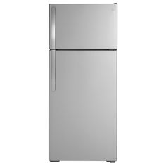 a silver refrigerator freezer sitting on top of a white wall