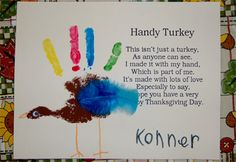 a hand print with the words hanky turkey on it and an image of a bird