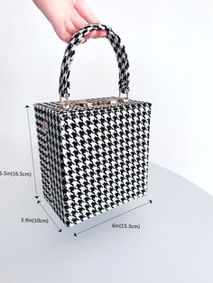 BagForLove-Houndstooth Pattern Top Handle Box Bag - Women Evening & Clutch Product Description Color Black and White Strap Type Adjustable Style Elegant Pattern Type Houndstooth Bag Size Small Quantity 1 piece Magnetic No Type Box Bag Composition 100% Polyurethane Material PU Leather Size Chart INCH CM Size Bag Width Bag Height Bag Length Strap Length one-size 3.9 6.5 6 31.5 Size Bag Width Bag Height Bag Length Strap Length one-size 10 16.5 15.3 80 Similar Products h2 { text-align: center; } .re Black Rectangular Bag With Houndstooth Pattern, Chic Houndstooth Rectangular Shoulder Bag, Chic Rectangular Houndstooth Shoulder Bag, Black Houndstooth Pattern Bag, Chic Black Bag With Houndstooth Pattern, Chic Black Houndstooth Pattern Bag, Black Square Box Bag For Gifts, Houndstooth Bag, Elegant Pattern