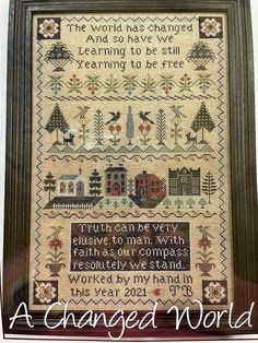 a framed cross stitch sample with the words changed world on it