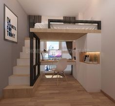 a loft bed sitting above a wooden floor next to a white desk and chair in a living room