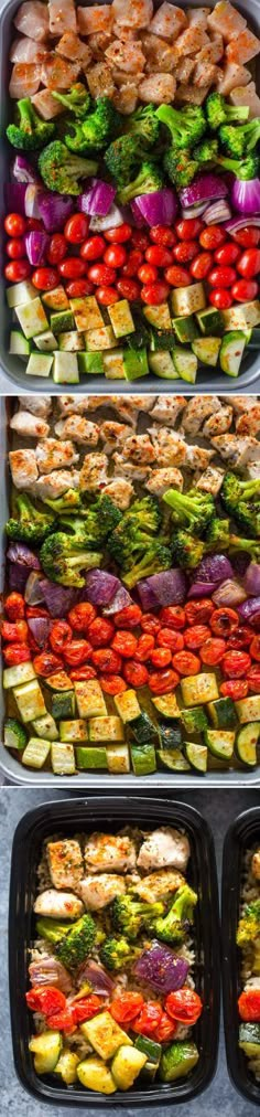 several trays filled with different types of food on top of each other, including broccoli and red peppers