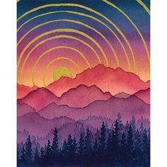 a painting of mountains and trees with the sun in the sky over them, as well as an orange circle