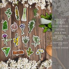 the stickers are all different types of flowers and herbs on wooden background with text