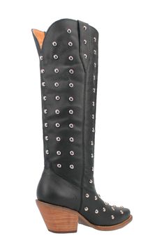 Gleaming globe-like studs pepper the pebbled leather upper of this glam Western boot set atop a steady stack heel. 2" heel 16" shaft; 15" calf circumference Cushioned insole Leather upper/textile lining/synthetic sole Imported Studded Leather Boots With Snip Toe, Studded Leather Knee-high Boots, Leather Boots With Rhinestone Rivets And Round Toe, Leather Boots With Silver Studs And Snip Toe, Leather Knee-high Boots With Rivets And Round Toe, Western Leather Boots With Silver Studs, Glam Western, Western Boots Women, Rollerball Perfume