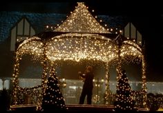 a gazebo covered in christmas lights with a man standing under the canopy and looking at it