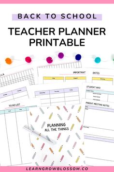 the back to school teacher planner printable is shown with markers and pens on it