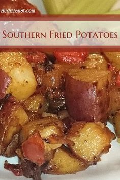 there is a white plate with potatoes and meat on it that says southern fried potatoes