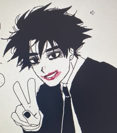 a drawing of a man with black hair and glasses making the v sign while holding his hand up in front of him