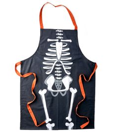 a skeleton apron with an orange ribbon around the neck and shoulder, on a white background