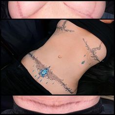 three different pictures of a woman's stomach with tattoos on her back and side