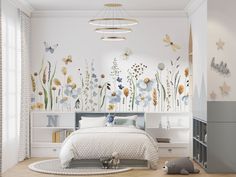 a bedroom decorated with flowers and butterflies on the wall