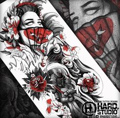 an artistic tattoo design with red and white flowers