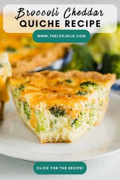 broccoli cheddar quiche recipe on a white plate with text overlay