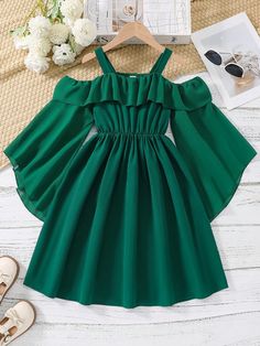 Tween Girls Solid Color Ruffle Trim Ruffle Flared Sleeve Dress Green Cute  Long Sleeve Fabric Plain A Line Non-Stretch  Tween Girls Clothing, size features are:Bust: ,Length: ,Sleeve Length: Cute Dresses For Christmas, Flare Sleeve Dress, Casual Preppy Outfits, Easy Trendy Outfits, Fancy Outfits