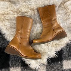 For The Age These Are In Excellent Condition Other Than Some Light Wear On The Soles Of The Heels As Pictured Heel Height 2” Floor To Top Of Boot: A Little Under 11” Shoes Vintage, Chunky Boots, Vintage Shoes, The Age, Tan Leather, Bootie Boots, Vintage 90s, Vintage Ladies, Heel Height