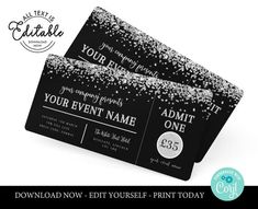 two black and white business cards with silver confetti on the front, one is for