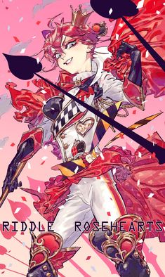 an anime character with red hair holding two swords and wearing a white outfit, standing in front of a pink background