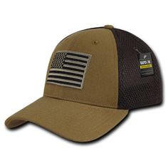 Descriptions Our Embroidered Air Mesh Flex Cap, is a classic 6 panels structured mesh cap with flexibility on the rear panels offering ventilation and comfort, The front of cap features the embroidered American Flag prominently displayed. This cap is made of 50% cotton, 50% polyester with pre-curved bill, 8 rows stitching across the bill, this stylish flex cap will be on your list of favorite caps to wear. Low Crown Flex Cap 50% Cotton/50% Polyester Air Mesh Rear Panels 6 Panel Structured One si Military Style Brown Baseball Cap With Flat Bill, Military Style Khaki Baseball Cap With Curved Brim, Khaki Military Hat For Sports, Khaki Military Hats For Streetwear, Military Style Baseball Cap With Logo Patch, Military Cap With Logo Patch, Military Style Cap With Logo Patch, Khaki Military Baseball Cap For Sports, Military Style Hat For Streetwear