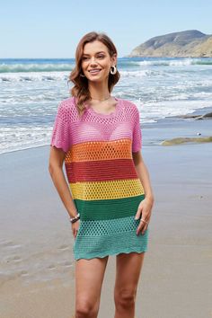 Be playful and stylish with our Christa Knit Crochet Striped Mini Dress! This unique dress features a knit crochet design and eye-catching multi colored stripes. Perfect for any occasion, this dress will keep you looking effortlessly cool and chic. Grab one today and make a statement! Size Guide: Model is 5’2” tall, and has a 33.2” bust, 24.5”waist, & 36.7” hips. She is wearing a S / US 4 / AU 8. This dress is true to size. Feature: Scallop Neckline. Short sleeves. Crochet stripe knit fabrication. Mini Length. Relax Fit. Scallop hem. Not Lined. Material: 100% Viscose. Care Instructions: Machine wash / Cold hand wash. Multicolor Crochet V-neck Dress, Casual Crochet Pointelle Knit Dress For Vacation, Multicolor Crochet Dress For Spring Beach Cover-up, Casual Pointelle Knit Crochet Dress For Vacation, Casual Multicolor Crochet V-neck Top, Striped Color Block Dresses For The Beach, Casual Crochet Knit Dress As Beach Cover-up, Multicolor Crochet V-neck Dress For Spring, Casual Crochet Knit Dress For Beach Cover-up