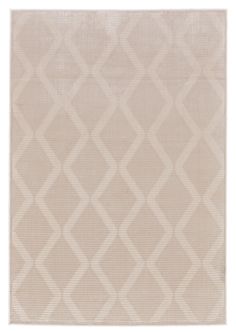 a beige area rug with diamond shapes on the top and bottom, along with a white background