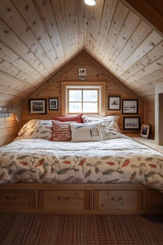 an attic bedroom with wooden walls and ceiling