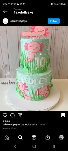 a three tiered cake with pink and green decorations