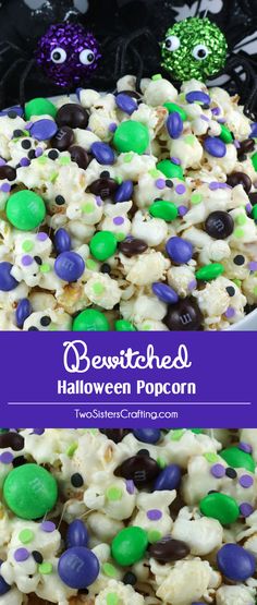 white chocolate popcorn with green and purple candies in it on a black tablecloth