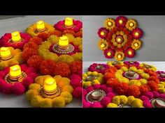 several different pictures of colorful flowers with lit candles in them and on the ground next to each other