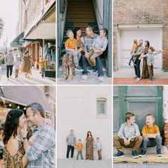 a collage of photos with people sitting and standing in front of the building, one man is holding a child