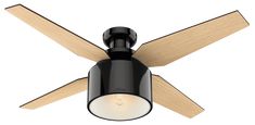 a black ceiling fan with two wooden blades and a light bulb on the top of it