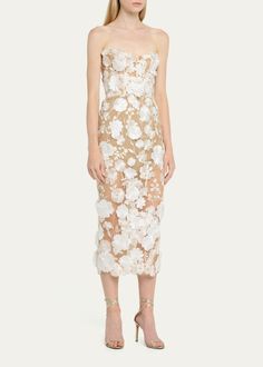 Bronx and Banco Jasmine Strapless Floral Applique Midi Dress - Bergdorf Goodman Rehearsal Dinner Looks, Bronx And Banco, Rehearsal Dress, Strapless Floral Dress, Strapless Midi Dress, Shades Of Beige, Flare Mini Dress, Dress Home, Red Midi Dress