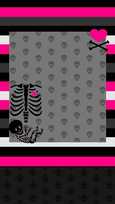 a pink and black wallpaper with skulls on the bottom, two hearts in the middle