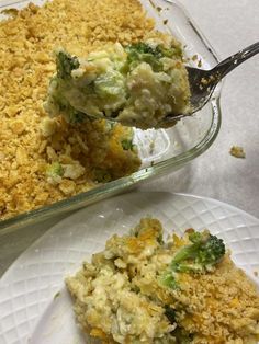 a casserole dish with broccoli and cheese on it is ready to be eaten