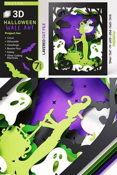 an image of halloween paper cutouts on purple and green background with black text that reads 3d halloween wallpaper