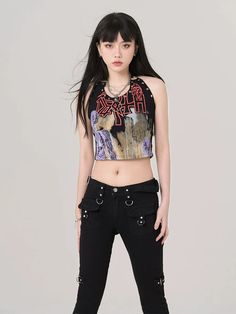 Female Music Festival Outfi Vest Top - chiclara Black Punk Tops For Concert, Fitted Hip Hop Top For Fall, Black Grunge Top For Concert, Black Punk Top For Music Festival, Black Punk Style Top For Music Festival, Edgy Black Top For Music Festival, Hip Hop Tops For Spring Concert, Black Edgy Tops For Concert, Edgy Black Tops For Concerts