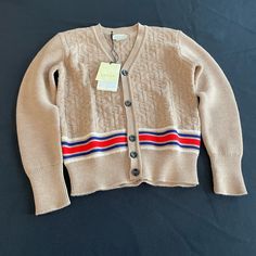 Brown Wool Gg Stripe Wool Cardigan From Gucci Kids Featuring V-Neck, Front Button Fastening, Drop Shoulder And Long Sleeves. Gucci Cardigan, Gucci Shirts, Knights Helmet, Gucci Kids, Spirit Wear, Wool Cardigan, Girls Sweaters, Top Brands, Kids Shirts