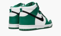 The Nike Dunk High GS “Celtics” for kids is a sporty colorway of the classic silhouette that is reminiscent of the Boston Celtics team colors.  This kid's exclusive Dunk features a leather construction with a white base, green overlay panels.  Side Swooshes and laces in black deviate from the surroundings, keeping the sneaker from carrying a simple two-tone style.  A green rubber outsole with faint speckles completes the design. Boston Celtics Team, Green Overlay, Nike Dunk High, Dunk High, Stadium Goods, Nike Kids, Boston Celtics, Classic Silhouette, Nike Dunk