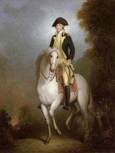 a painting of a man in uniform on a white horse with trees and bushes behind him