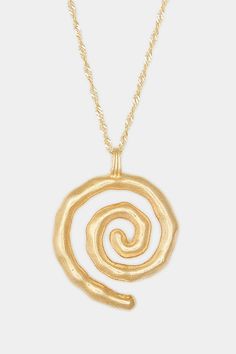 Please note that all sales are final. The Sacred Spiral is an ancient symbol of birth & rebirth; a symbol for personal power, taking you to the center of the tornado. This necklace comes on a nostalgic chain style, a keepsake that is quite literally a metaphor for personal vision and enlightenment. It will inspire in you visions of power, purpose, and creativity. 14k Gold Vermeil / .925 Sterling Silver Wipe clean Handcrafted with love in Montreal Dimensions M : 18 inch chain L : 20 inch chain | Unique Spiral Yellow Gold Jewelry, Unique Yellow Gold Spiral Jewelry, Spiral Hammered Jewelry As Gift, Spiral Hammered Jewelry Gift, Spiral Brass Jewelry, Hand Forged Spiral Gold Jewelry, Spiral Brass Necklace For Gift, Gold Spiral Jewelry, Swirl Shaped Sterling Silver Jewelry In Gold Color