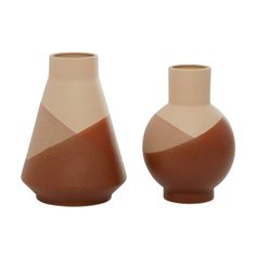 two brown and white vases sitting side by side